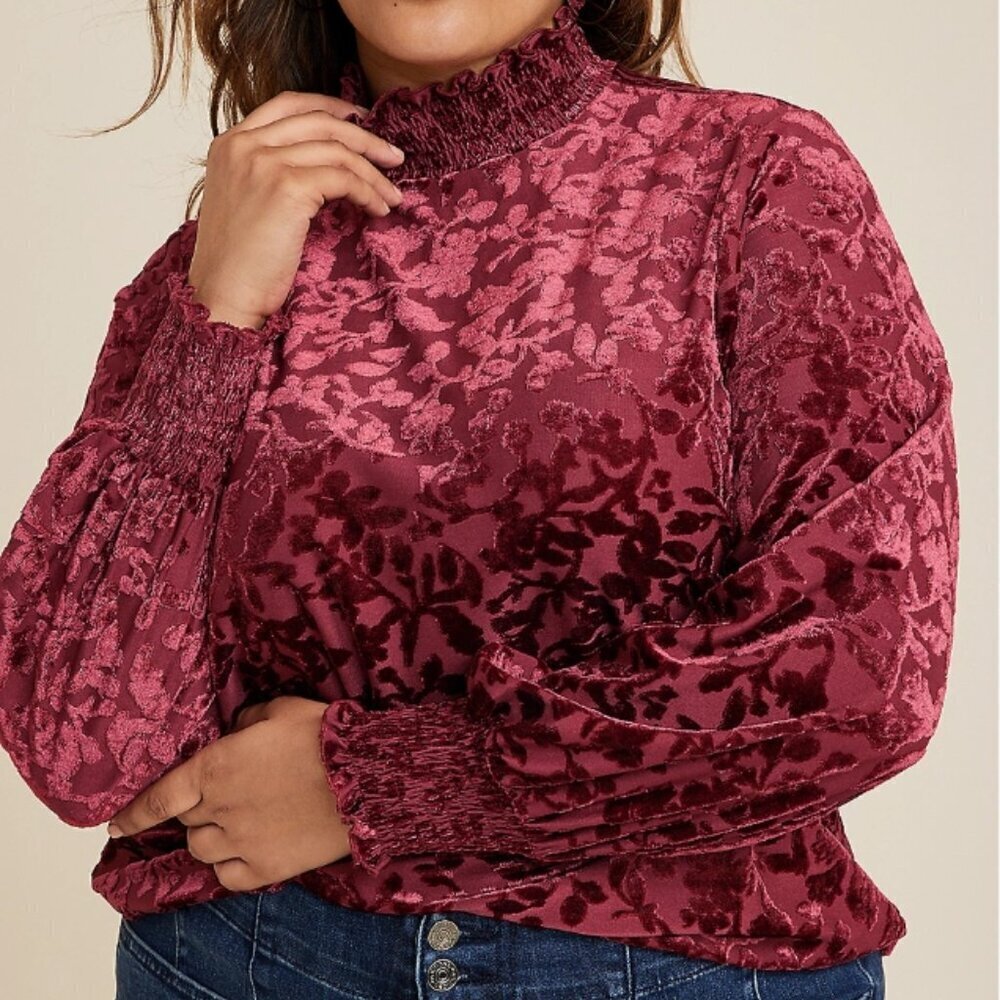 Women's 2X Burgundy Floral Crushed Burnout Velvet Whimsical High-Neck Blouse - Picture 5 of 5